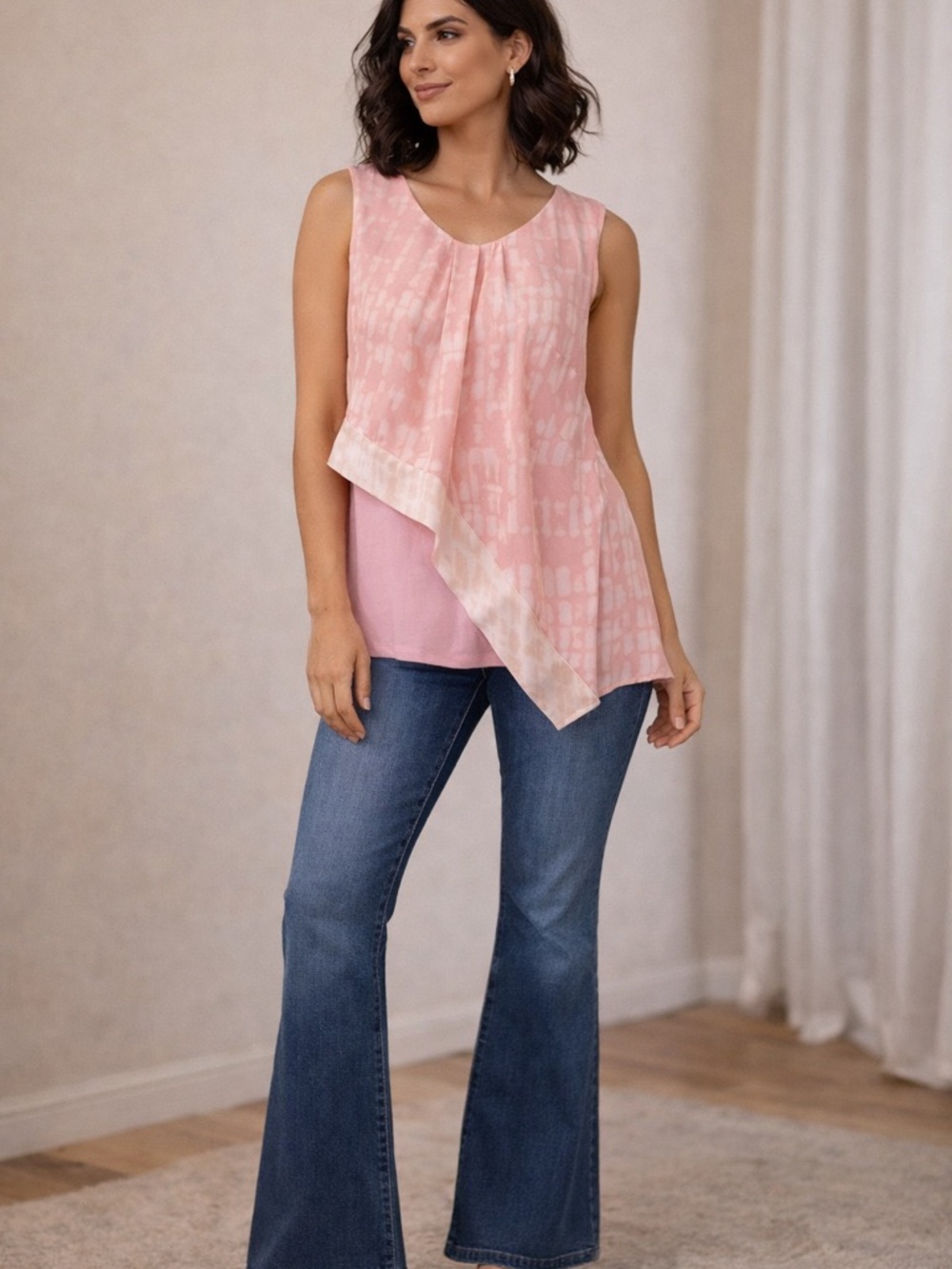 H by Halston NWT Asymmetrical Layered Top M Pink Sleeveless Flowy Chic Drape
